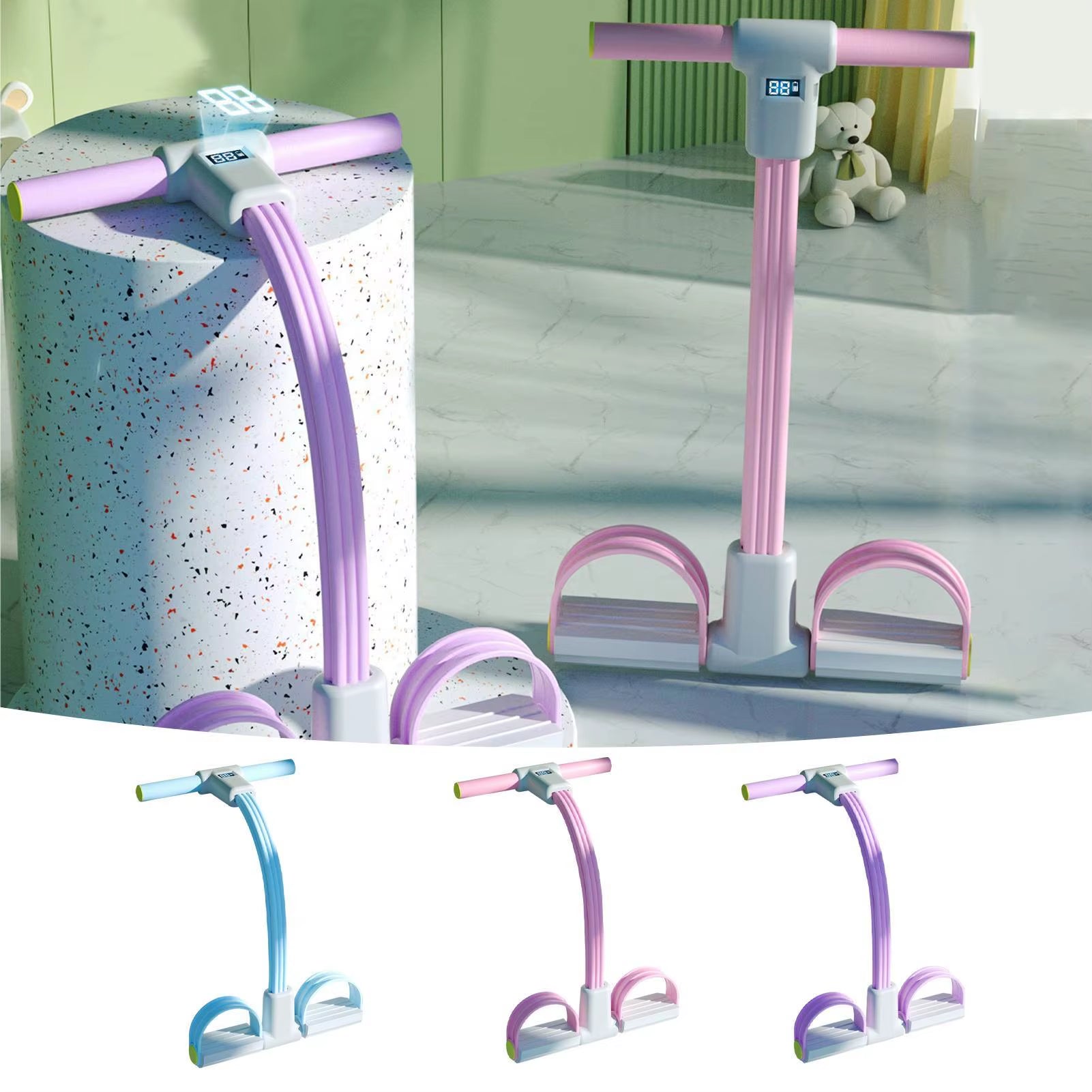 6-Tube Fitness Pedal Resistance Band with LED Display Yoga Strap Pedal Puller Sit-Ups Tension Rope Elastic Workout Pedal Puller